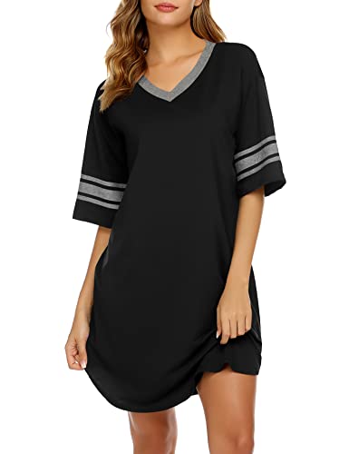 Ekouaer Womens Nightgown Cotton Sleepwear Short Sleeve Sleep Shirt V Neck Color Block Nightshirt XXL...
