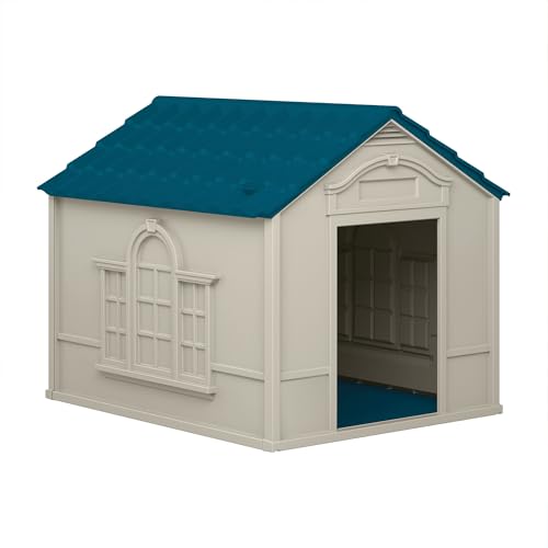 Suncast Deluxe Dog House for Dogs up to 100 Pounds with Removable Roof, Vents, Crowned Channeled...