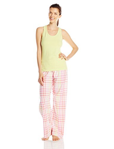 Hanes Women's Ladies Tank with Woven Sleep Pant Pajama Set, Green, Large