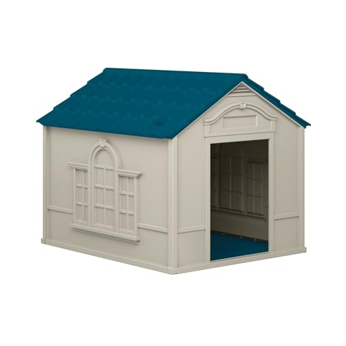 Suncast Deluxe Dog House for Dogs up to 100 Pounds with Removable Roof, Vents, Crowned Channeled...