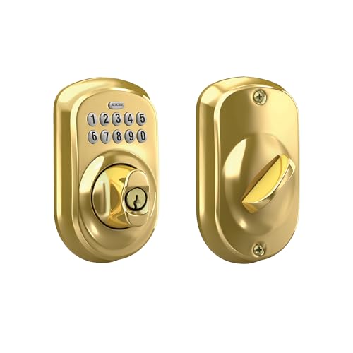 Schlage BE365 V PLY 505 Plymouth Keypad Deadbolt, Electronic Keyless Entry Lock, Bright Brass