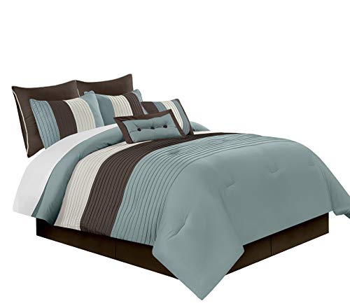 Chezmoi Collection 8-Piece Luxury Striped Comforter Set (Blue/Brown/Beige, Queen)