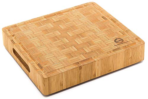 Small End Grain Bamboo Cutting Board | Professional, Butcher Block | Non-Slip Rubber Feet