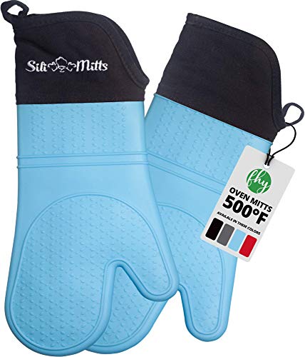 Silicone Oven Mitts Heat Resistant to 500 Degrees - 2 Extra Long Silicone Oven Mitt Pot Holders -...
