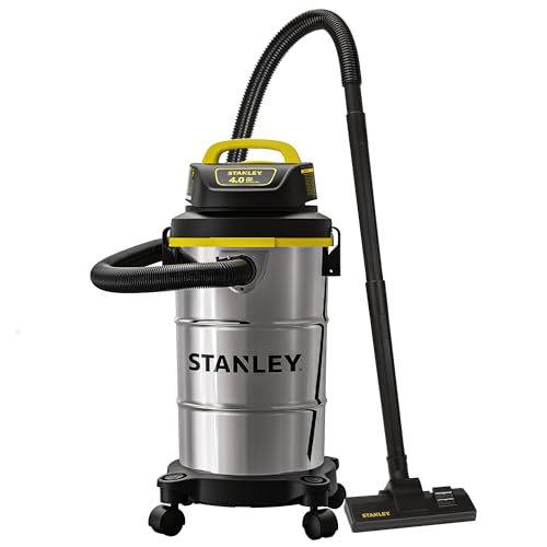 STANLEY Shop Vacuum Wet/Dry, 5 Gallon, 4 Horsepower, Stainless Steel Wet/Dry Vac Silver+Yellow+Black