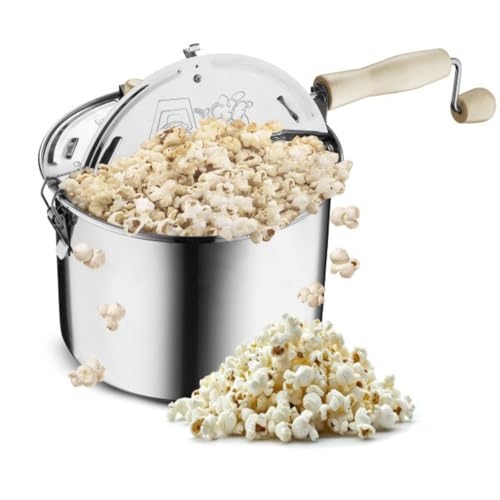 Stovetop Popcorn Maker - 6.5-Quart Stainless-Steel Popcorn Popper with a Hand Crank, Vented Lid, and...