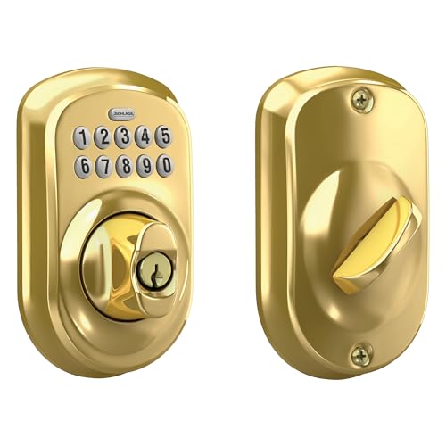 Schlage BE365 V PLY 505 Plymouth Keypad Deadbolt, Electronic Keyless Entry Lock, Bright Brass