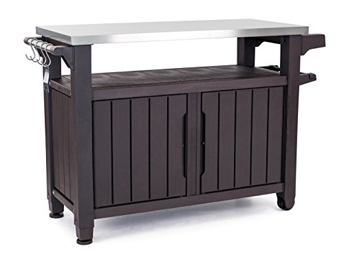 Keter Outdoor Rolling Table Cart for Food Prep, Storage, Bar & Grill, Dark Brown - Portable Kitchen...