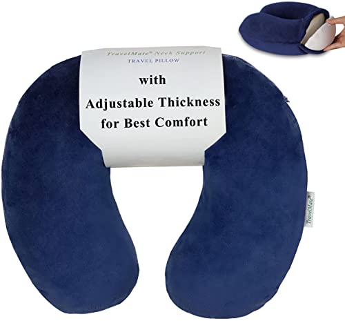 TravelMate Memory Foam Neck Pillow - Adjustable Thickness for Best Comfort, Dark Blue