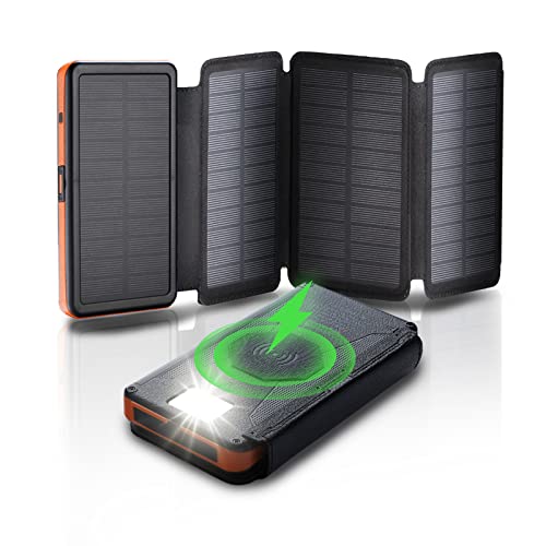 X-DRAGON Solar Power Bank Qi Wireless Charger 25000mAh with 4 Solar Panels Waterproof Portable...