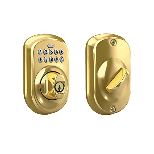 Schlage BE365 V PLY 505 Plymouth Keypad Deadbolt, Electronic Keyless Entry Lock, Bright Brass