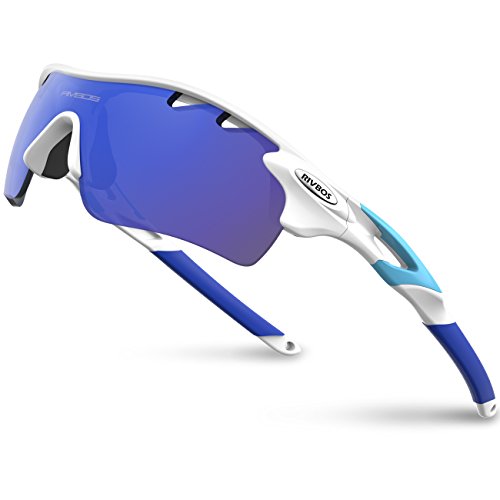 RIVBOS 801 Polarized Sports Sunglasses with 5 Interchangeable Lenses (White&Blue)