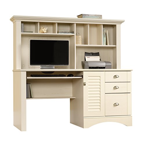 Sauder Harbor View Computer Desk With Hutch, Antiqued White finish