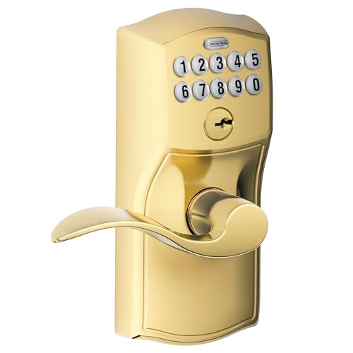 SCHLAGE FE595VCAM505ACC Camelot Keypad Accent Lever Door Lock, Bright Brass
