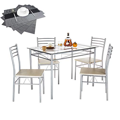 VECELO Dining Table with 4 Chairs [4 Placemats Included-] Silver X-Large