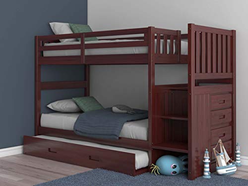 Discovery World Furniture Mission Twin Over Twin Staircase Bunk Bed with Trundle in Merlot Finish