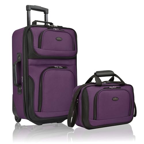 U.S. Traveler Rio Fabric Expandable Carry-on Luggage, Rolling Suitcase, Purple, 2 Wheel Set