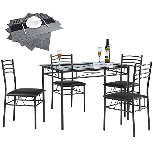 VECELO Dining Table with 4 Chairs [4 Placemats Included, Black, 43.3x27.5x30, 15.7x16.9x33.8