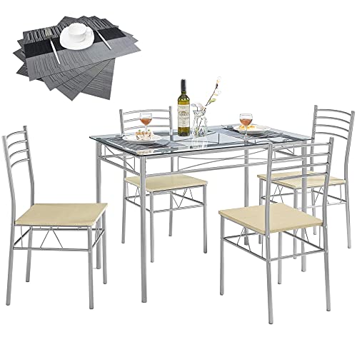 VECELO Dining Table with 4 Chairs [4 Placemats Included-] Silver X-Large