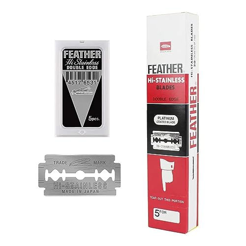 Feather Double Edge Safety Razor Blades - (50 Count) - Platinum Coated Hi-Stainless Steel Razor...