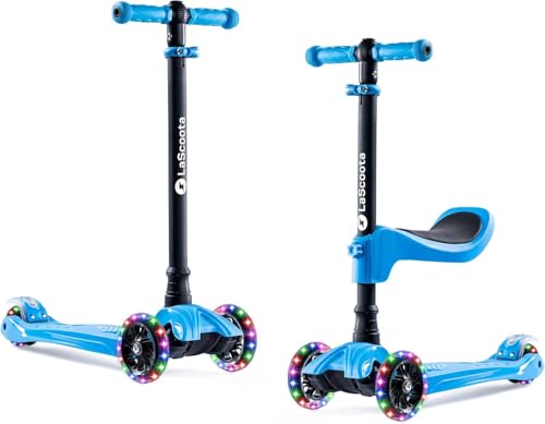 LaScoota 2-in-1 Kids Kick Scooter, Adjustable Height Handlebars and Removable Seat, 3 LED Lighted...