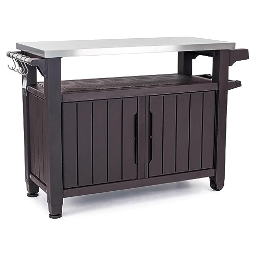 Keter Unity XL Outdoor Kitchen Island Rolling Cart Bar Table & Storage Cabinet, Grill Station with...