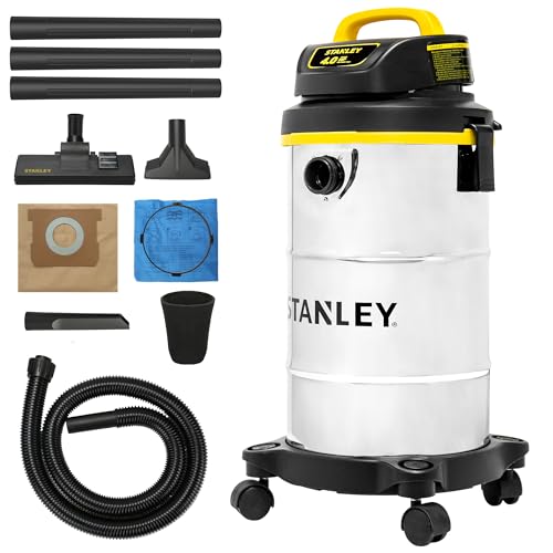 STANLEY Shop Vacuum Wet/Dry, 5 Gallon, 4 Horsepower, Stainless Steel Wet/Dry Vac Silver+Yellow+Black