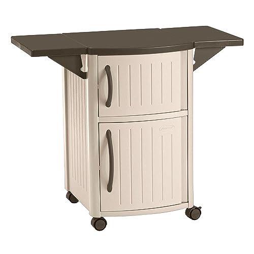 Suncast Outdoor Patio Grill Prep Station Cart with 2 Storage Cabinets, Light Taupe/Mocha