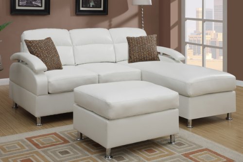 Poundex Bobkona 3-Piece Bonded Leather Sectional Sofa, Cream