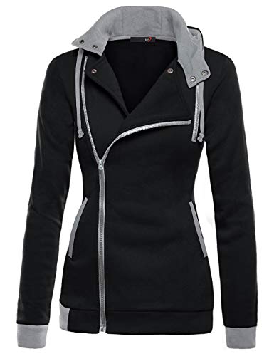 DJT Womens Oblique Zipper Slim Fit Hoodie Jacket Medium Black