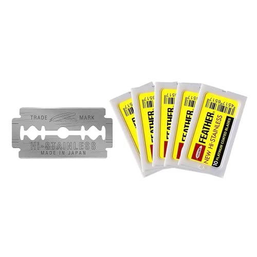 Feather Double Edge Safety Razor Blades - (50 Count) - Platinum Coated Hi-Stainless Steel Razor...