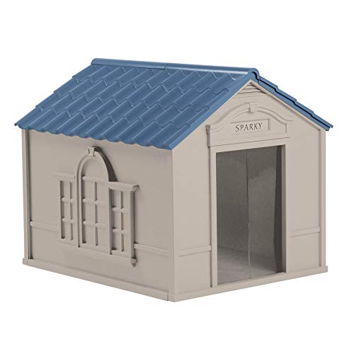 Suncast Deluxe Dog House for Dogs up to 100 Pounds with Removable Roof, Vents, Crowned Channeled...