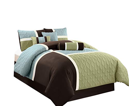 Chezmoi Collection 7-Piece Coffee Quilted Patchwork Comforter Set, Queen, Aqua Blue Sage Green