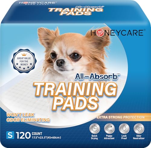 Honey Care All-Absorb, Small 17.5' x 23.5', 120 Count, Dog and Puppy Training Pads, Ultra Absorbent...
