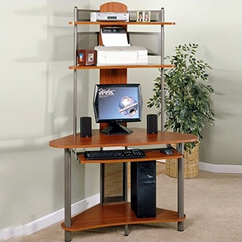 A-Tower Corner Wood Computer Desk with Hutch in Pewter and Cherry Finish by Studio RTA