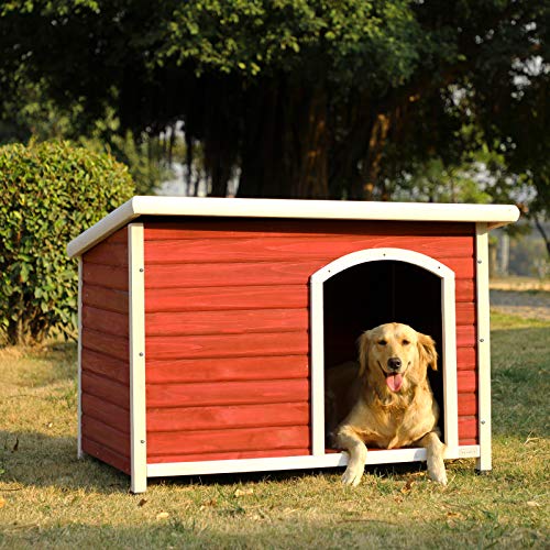 Petsfit Extra Large Dog House, Outdoor Wooden Dog House for Large Dogs, Red, 45.6'L X 31'W X 32'H