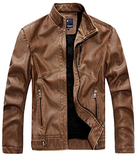 chouyatou Men's Vintage Stand Collar Pu Leather Jacket