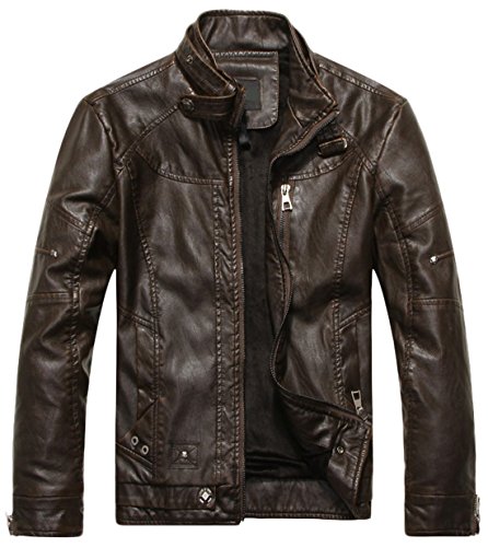 chouyatou Men's Vintage Stand Collar Pu Leather Jacket