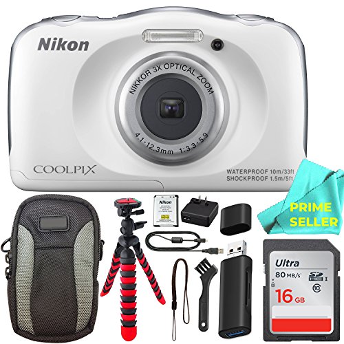 Nikon COOLPIX S33 Waterproof Digital Camera (White) Prime Seller BUNDLE!