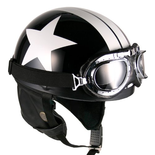 Goggles Vintage German Style Half Helmet (Black White-Star Large) Motorcycle Biker Cruiser Scooter...