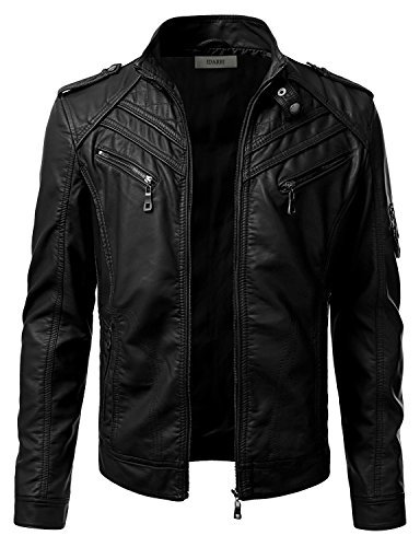 IDARBI Mens Premium Leather Bomber Jacket with Quilted Detail Black Xx-Large