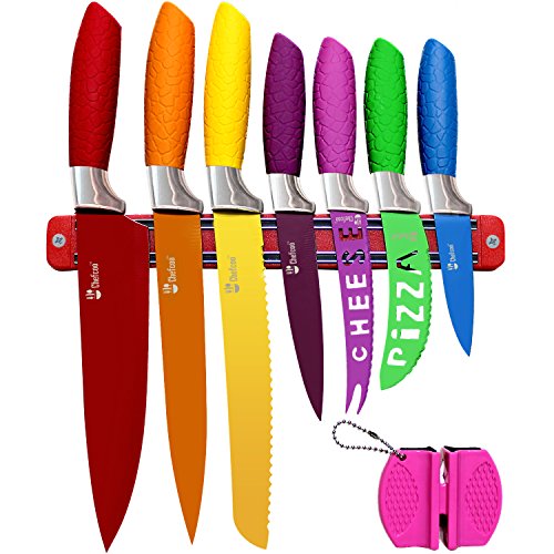 Chefcoo Kitchen Knife Set Plus Magnetic Strip and Sharpener One Cutlery Knives-Best Color Cooking...