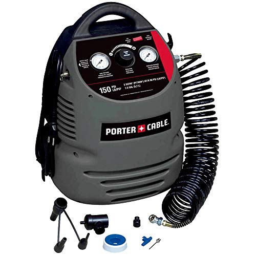 PORTER-CABLE Air Compressor Kit, 1.5 Gallon, Oil-Free, Fully Shrouded, Hand Carry, 25-Feet Hose...