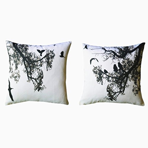 Howarmer Canvas Square Decorative Throw Pillows Black and White Decorative Pillows Birds and Trees...