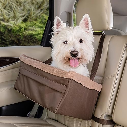 PetSafe Happy Ride Dog Booster Seat for Car/Truck/SUV, Tan, up to 18 lb with Headrest Strap,Brown