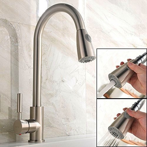 UFaucet Brushed Nickel Stainless Steel Single Handle Pull out Sprayer Prep Kitchen Faucets,Pull Out...