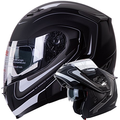 IV2 Mars Dual Visor Modular Flip up Matte Black with White Strips Motorcycle Snowmobile Helmet DOT...