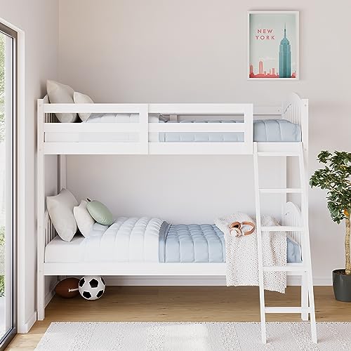 Storkcraft Long Horn Solid Hardwood Twin Bunk Bed, White for Kids with Ladder and Safety Rail