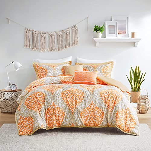 Intelligent Design Senna Comforter Set Full/Queen Size - Orange/Taupe, Damask – 5 Piece Bed Sets...