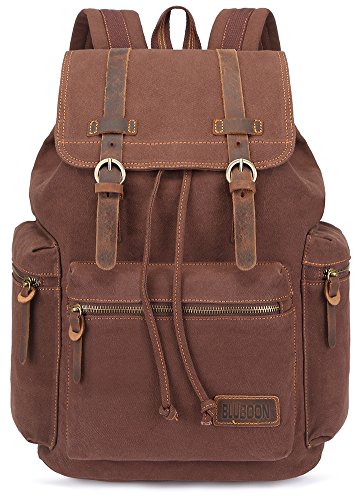 Bluboon Canvas Vintage Backpack Leather Trim Casual Bookbag Men Rucksack (Coffee)